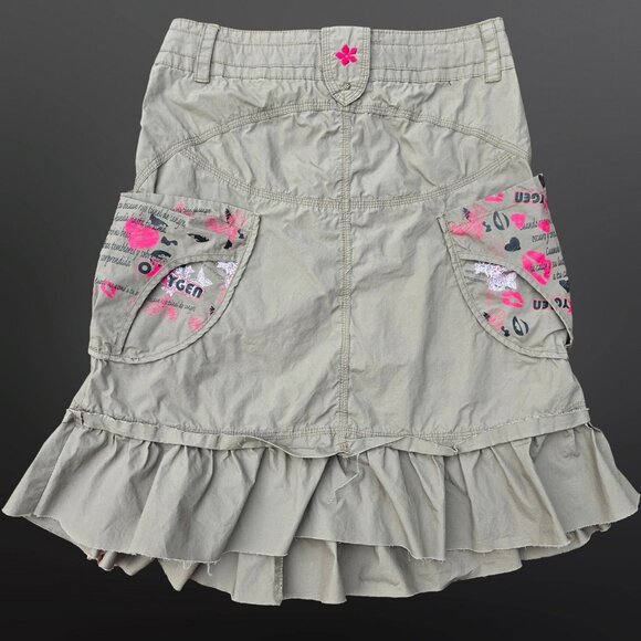 Y2K Cargo Skirt Size S Khaki Green Midi Below Knee Harajuku Grunge Fairy Cotton - Picture 6 of 8